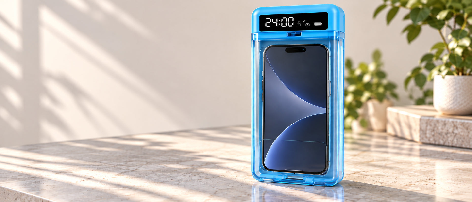 La boîte bleue GetLockMyPhone contenant un téléphone, posée sur une table près de plantes. Visuel illustratif.
