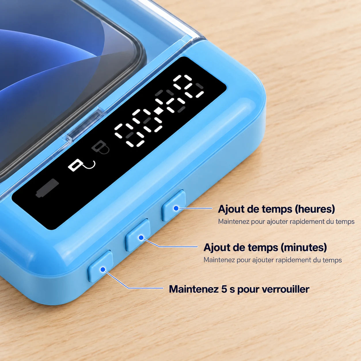 Gros plan sur les boutons servant à régler la durée de la boîte GetLockMyPhone.