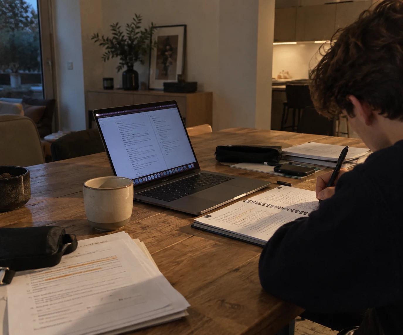 Une personne travaille dans son carnet à côté de son ordinateur, pleinement concentrée.
