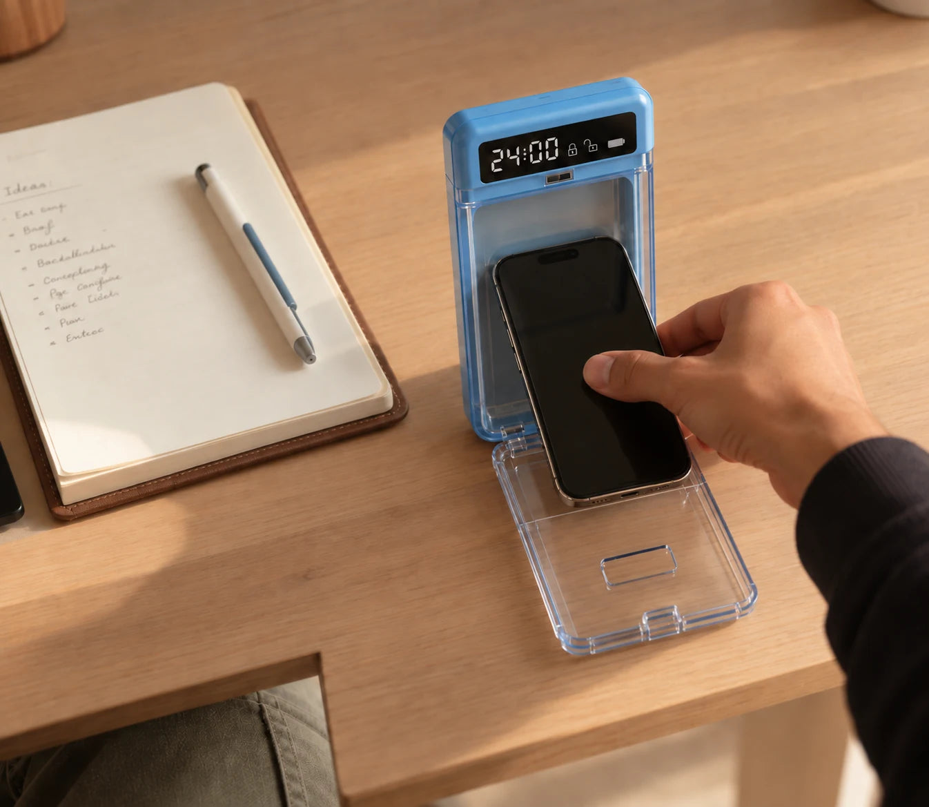 Une main pose un téléphone dans la boîte GetLockMyPhone ouverte.