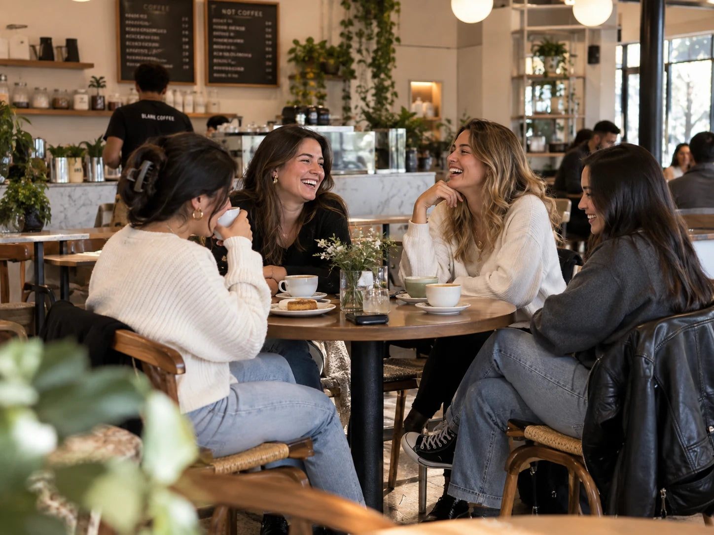 Des amies partagent un moment ensemble autour d’une table dans un café.